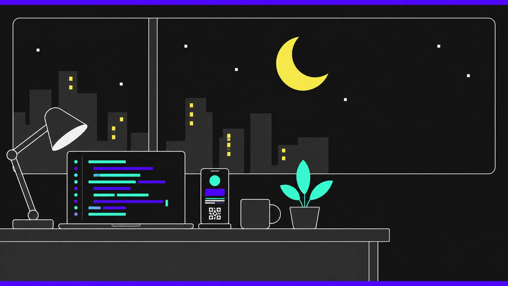 Illustration of a developer's desk at night: a laptop showing code, a phone with an app, a lamp and a plant in front of a window with a crescent moon over a city skyline