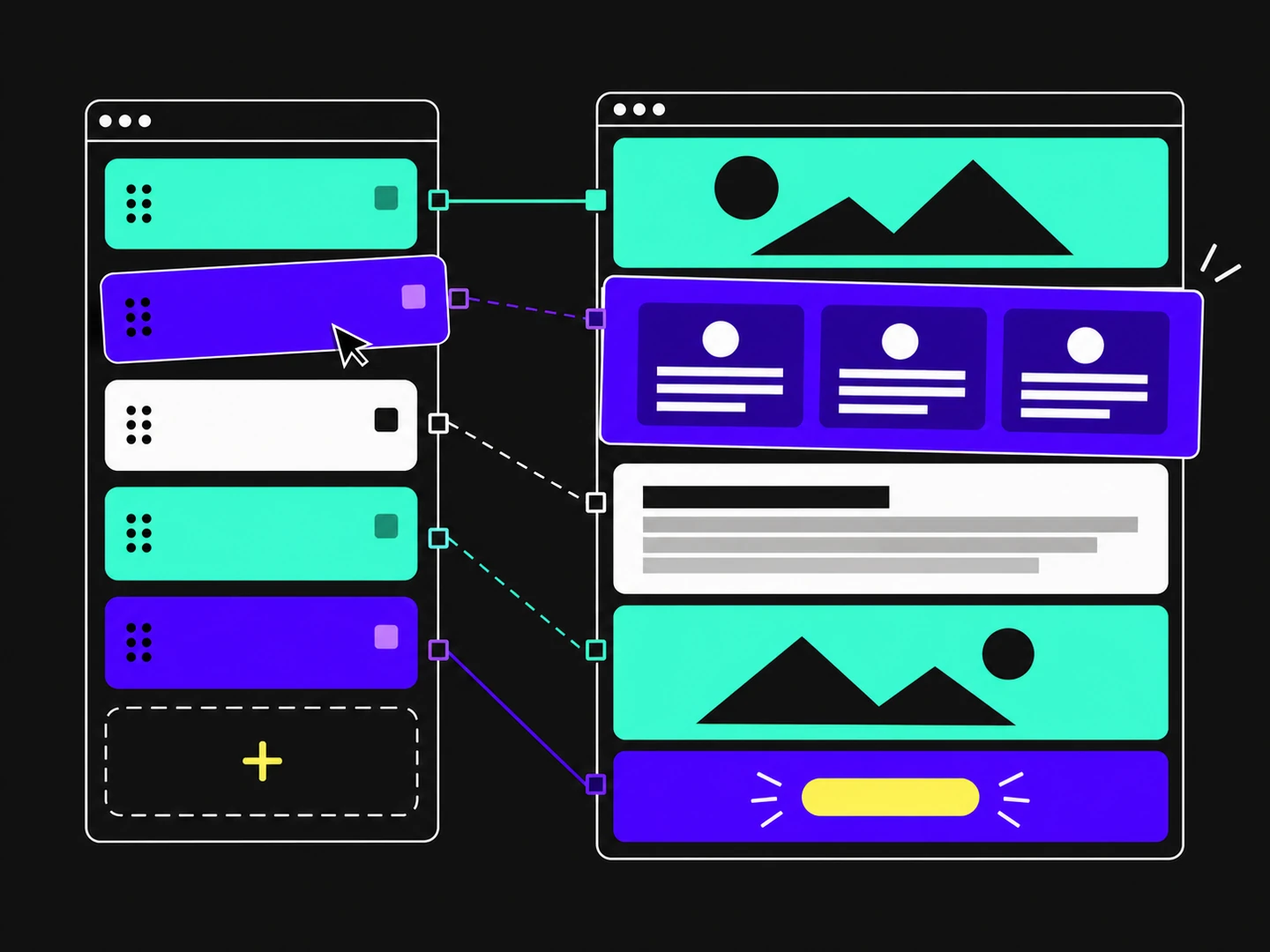 Illustration of a CMS editor with a stack of content blocks, each linked to the matching section of the finished web page