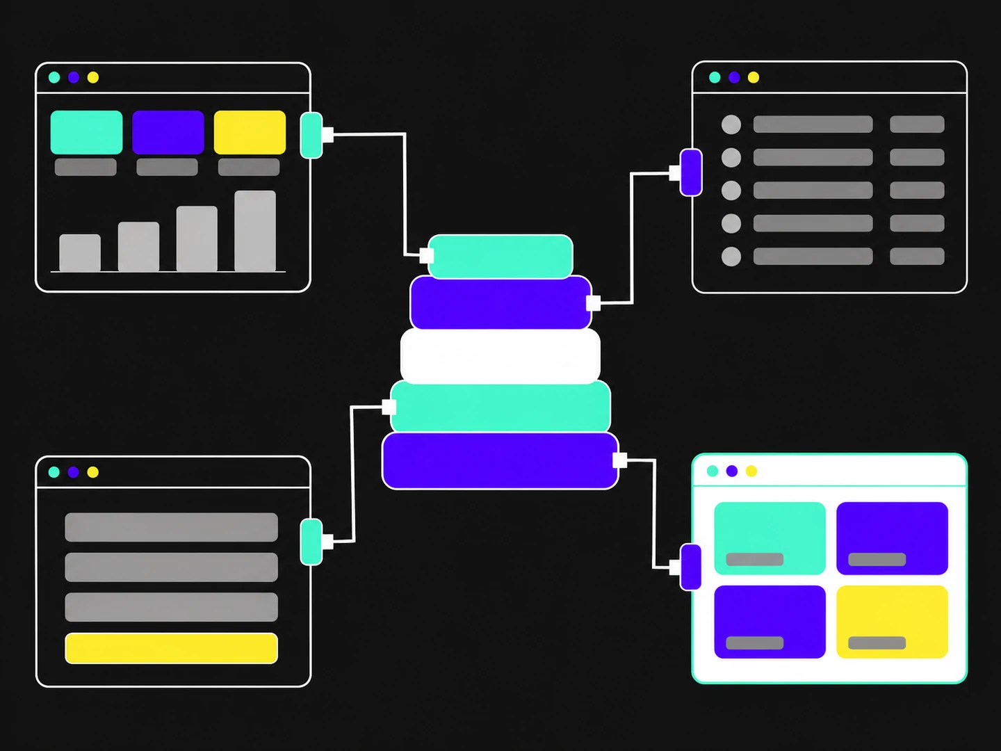 Illustration of a stack of shared layers connected to four separate application windows